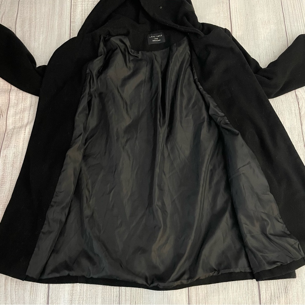 LOVE TREE Women’s Black Winter Wool Pea Coat With Hood & Toggles Size Large - Picture 7 of 10